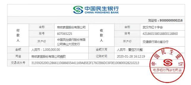 武汉，我们挺你！欧神诺所属上市公司帝欧家居捐赠100万元助力疫情防控