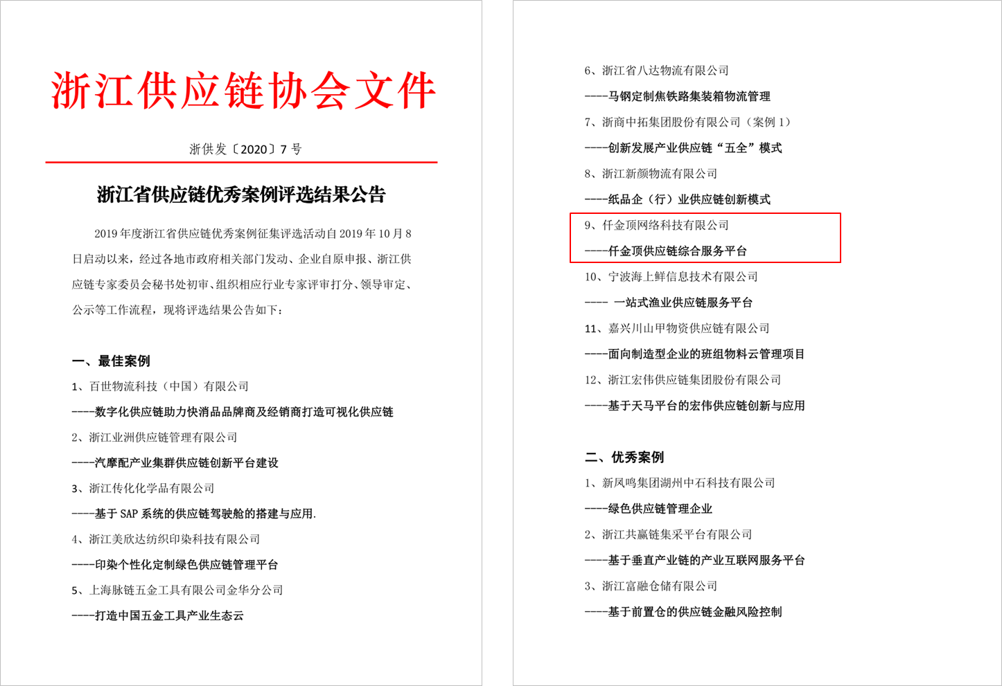 仟金顶供应链综合服务平台被评为浙江省供应链最佳案例