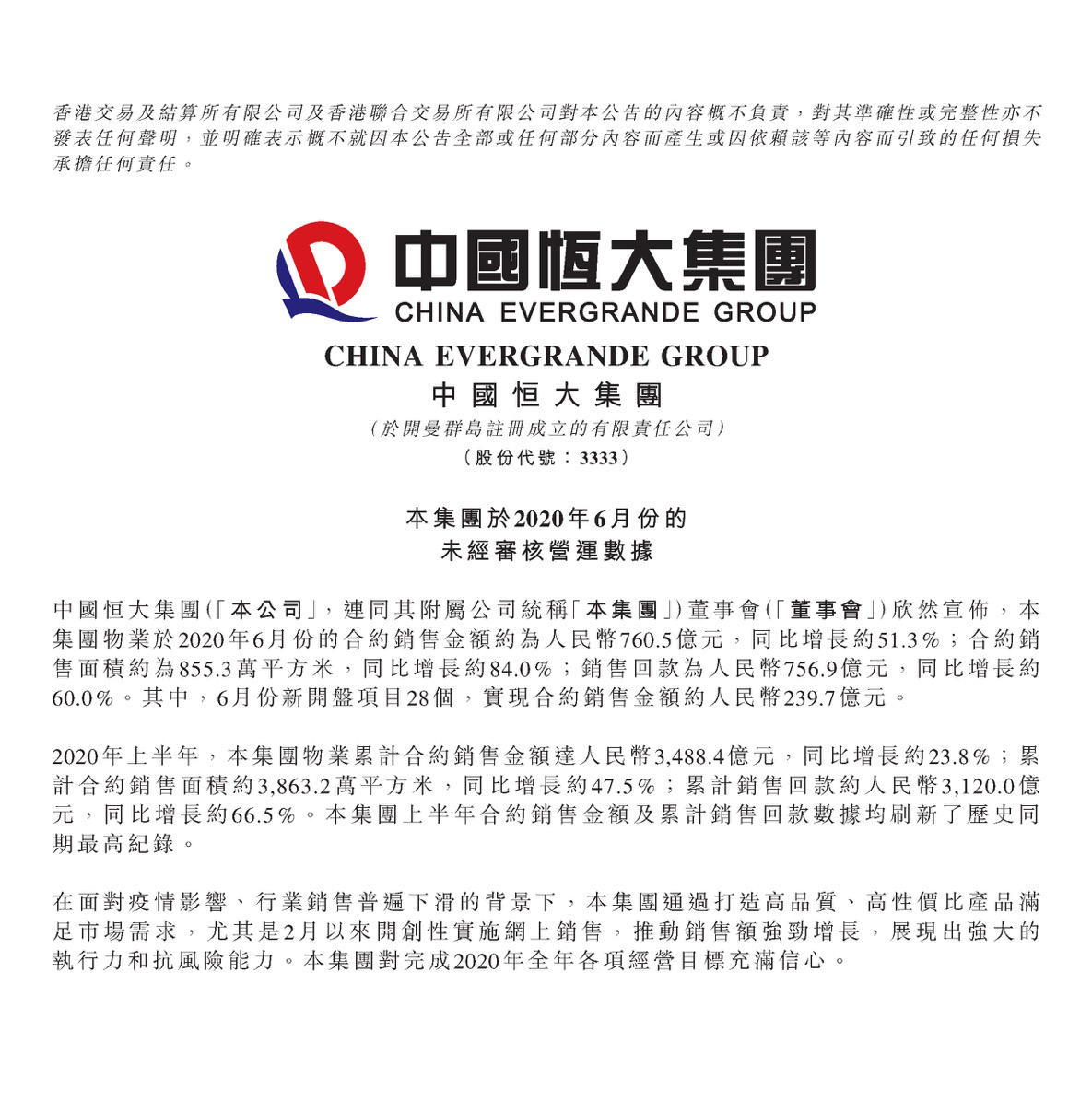 中国恒大前6月实现合约销售3488.4亿元 多项数据创同期历史纪录