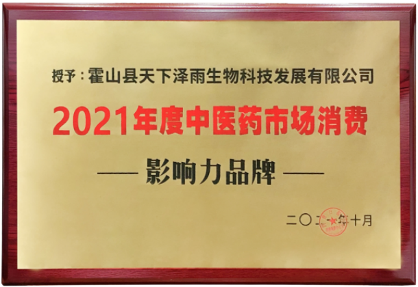 天下泽雨霍山石斛荣获“2021年度中医药市场消费影响力品牌”荣誉