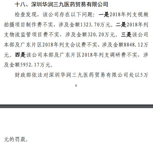 深圳华润三九医药贸易公司“账目违规”超1.6亿元被罚