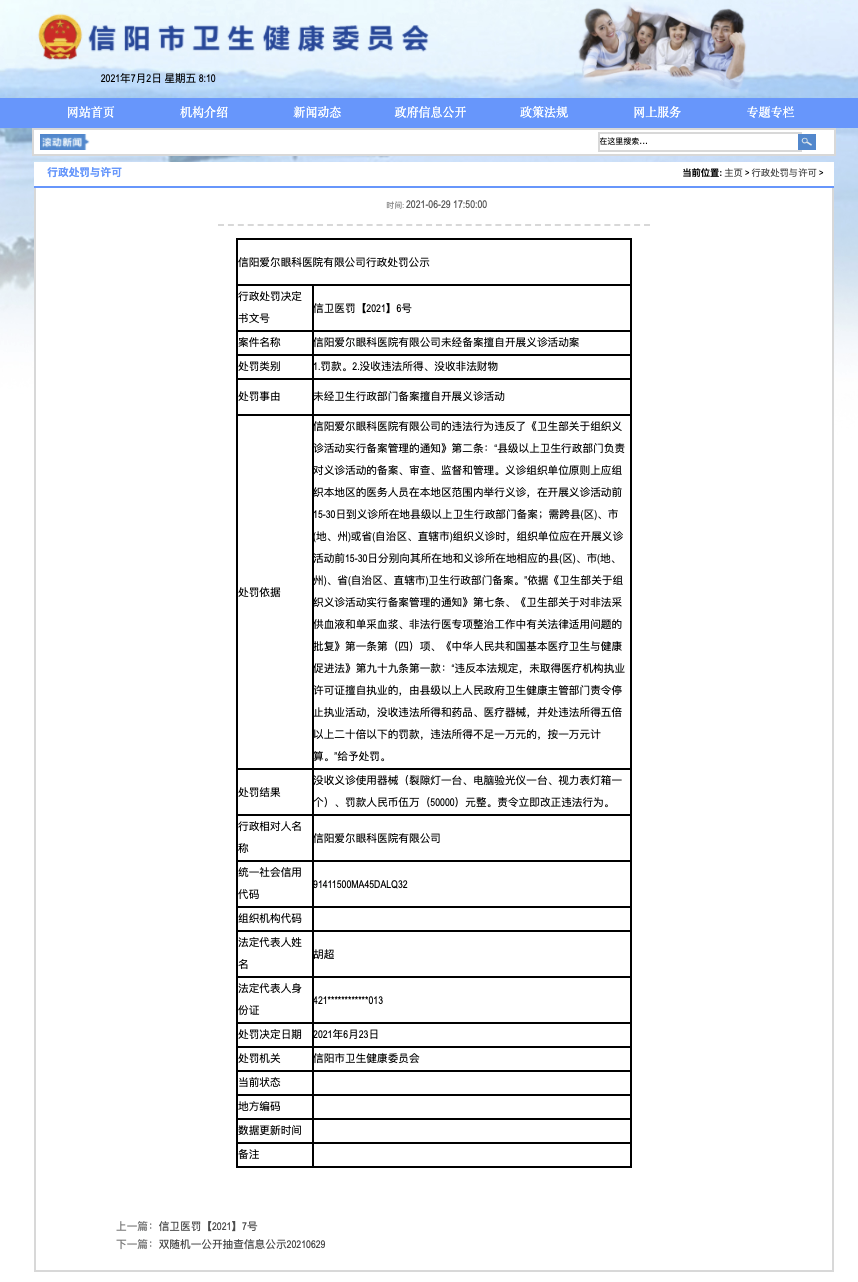 信阳爱尔眼科医院因擅自开展义诊活动被行政处罚
