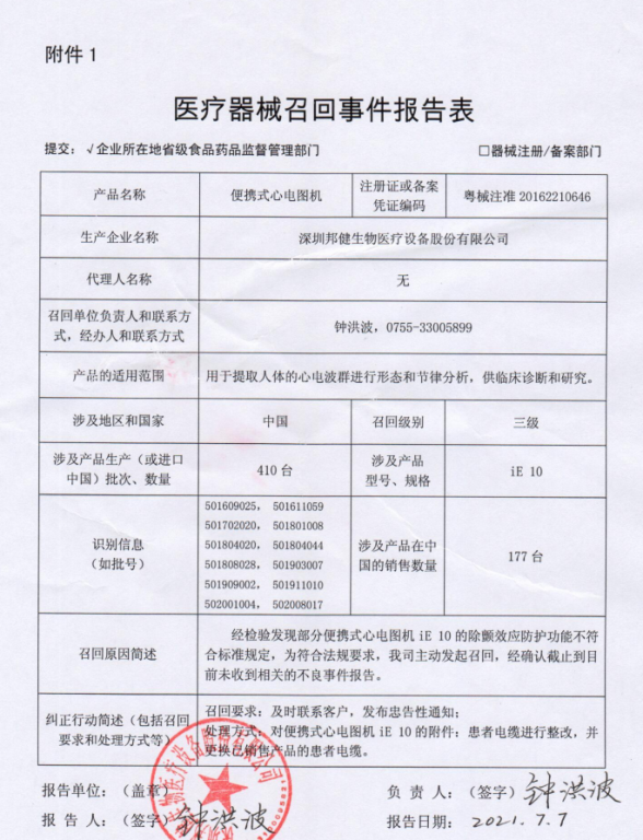 邦健医疗主动召回便携式心电图机 因部分除颤效应防护功能不合规