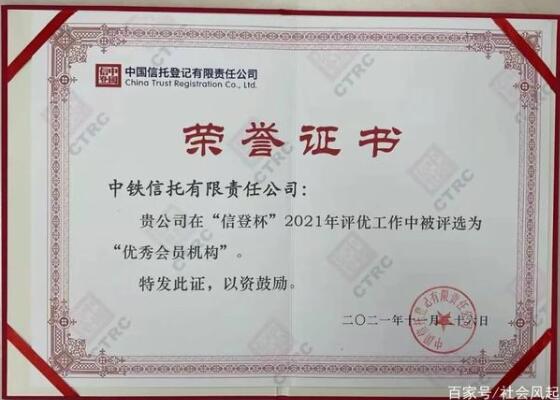 中铁信托荣获2021年“信登杯——优秀会员机构奖”