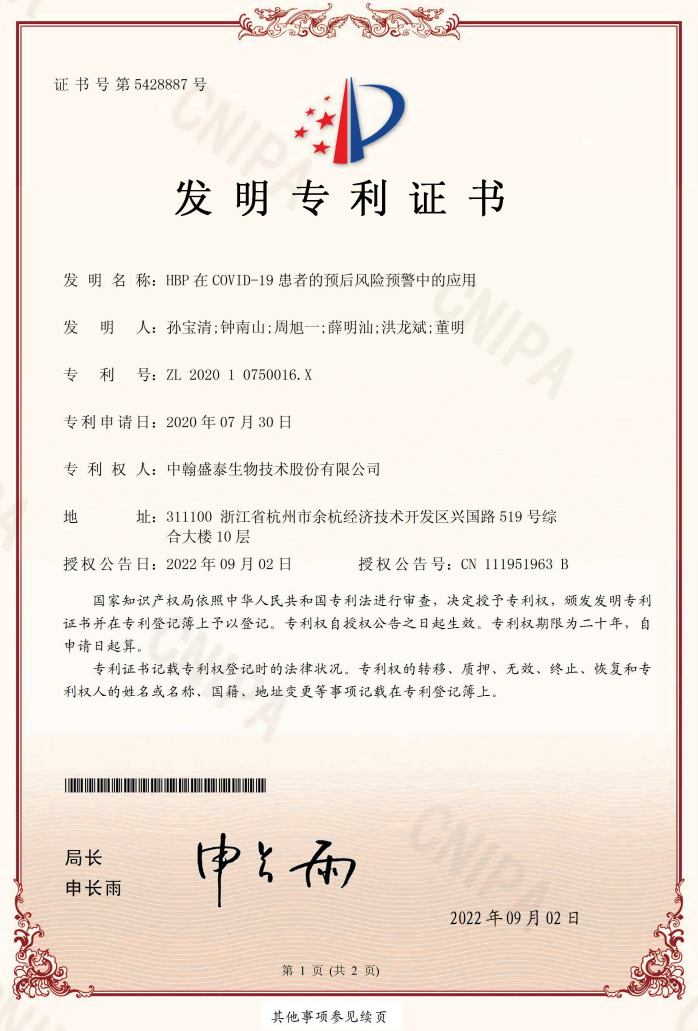 中翰生物喜获HBP新冠预后风险预警发明专利