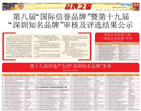 [荣耀加冕]华汉伟业成功入选深圳知名品牌，并将持续深耕机器视觉行业
