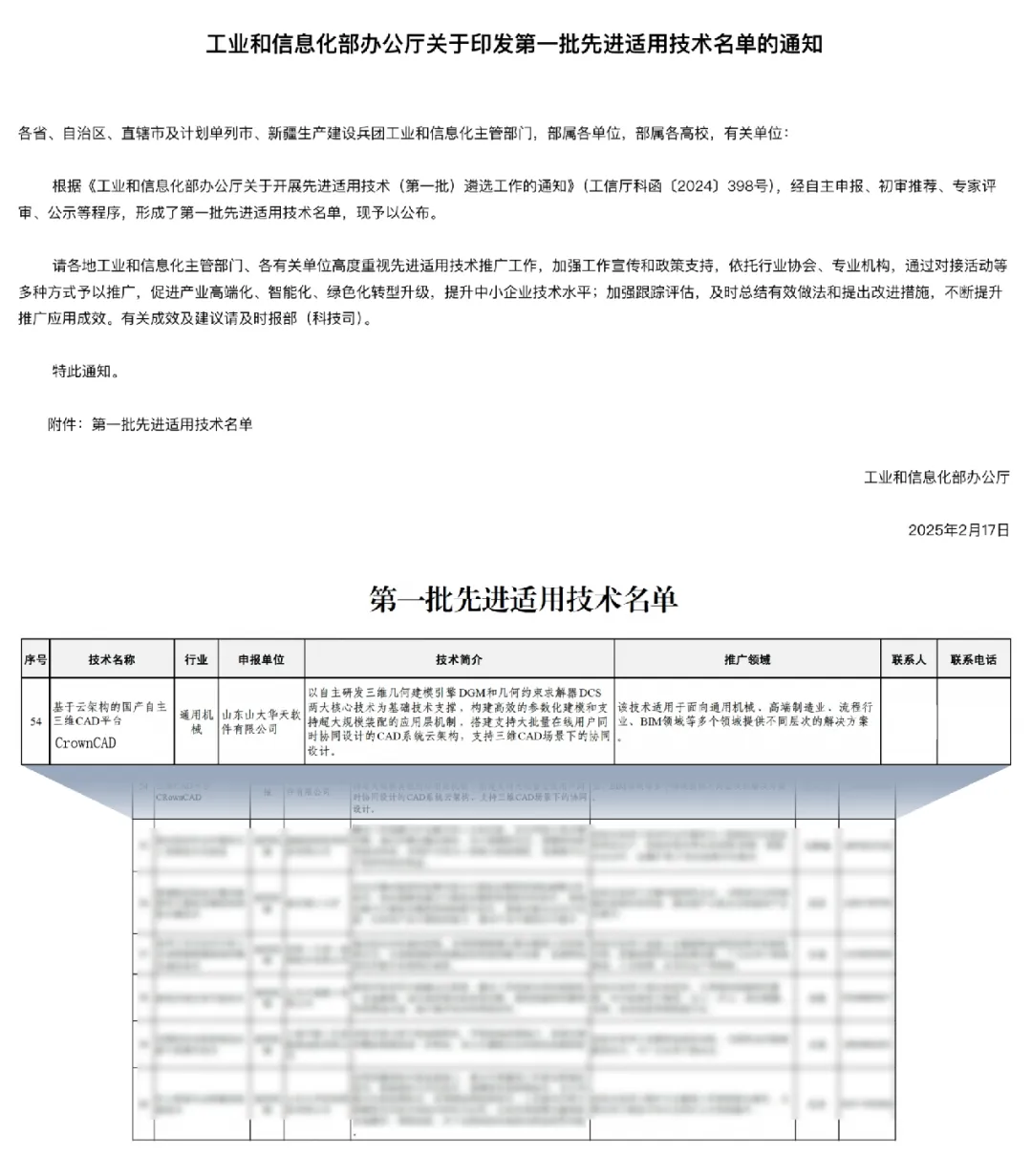 首批入选，位列前茅！皇冠CAD(CrownCAD)入选工信部第一批先进适用技术名单
