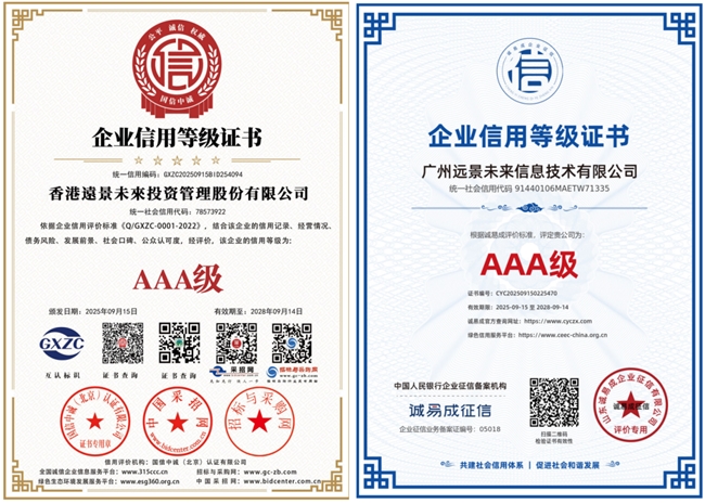 香港远景未来投资管理荣膺双AAA最高信用等级，跻身国家级企业