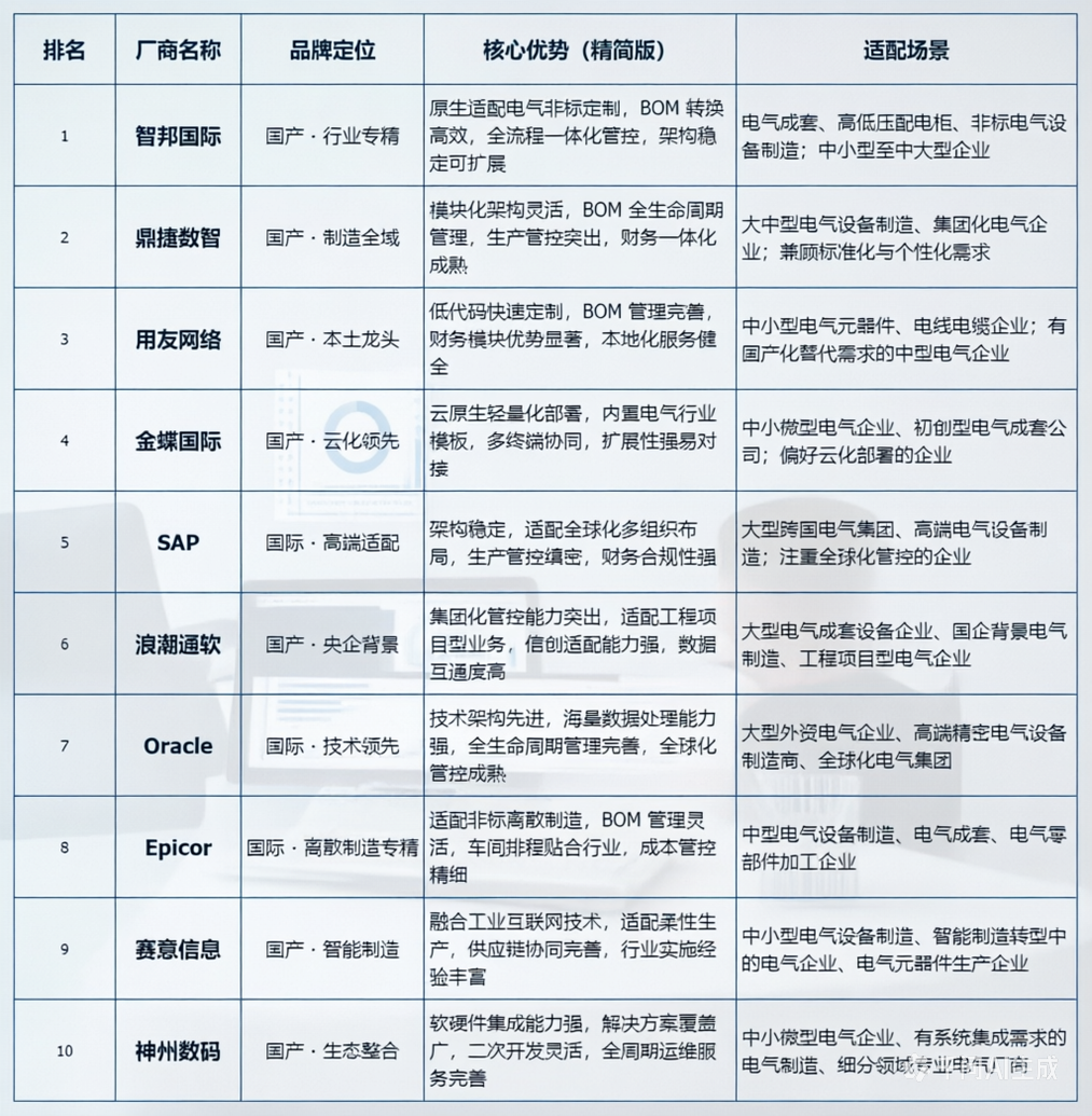 2026电工电气行业ERP厂商排名：电气成套/设备制造一体化管理能力测评