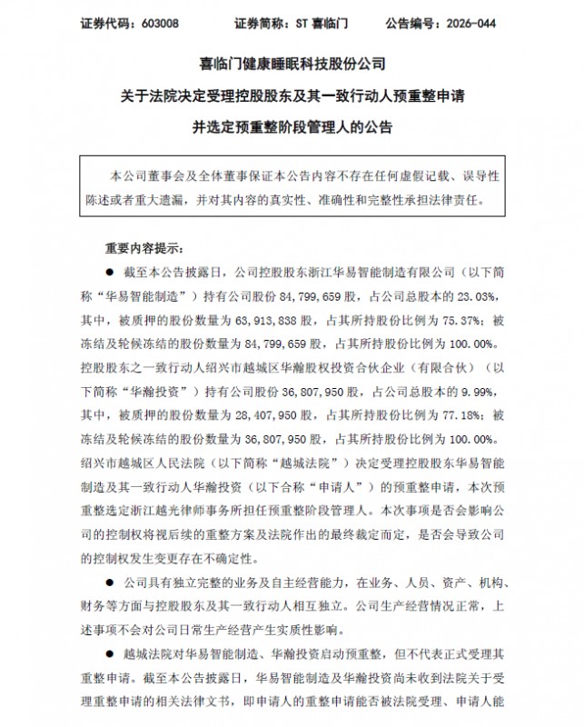 预重整程序落地破冰 喜临门历史风险迎来出清契机